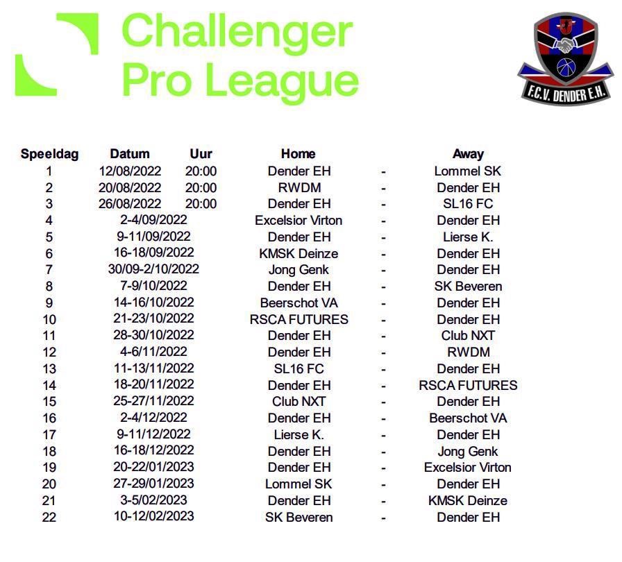 Kalender Challenger Pro League, seizoen 2022 - 2023.